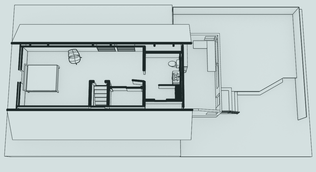Floor plan of a house showing a bedroom, bathroom, kitchen, and living area with stairs and outdoor deck.
