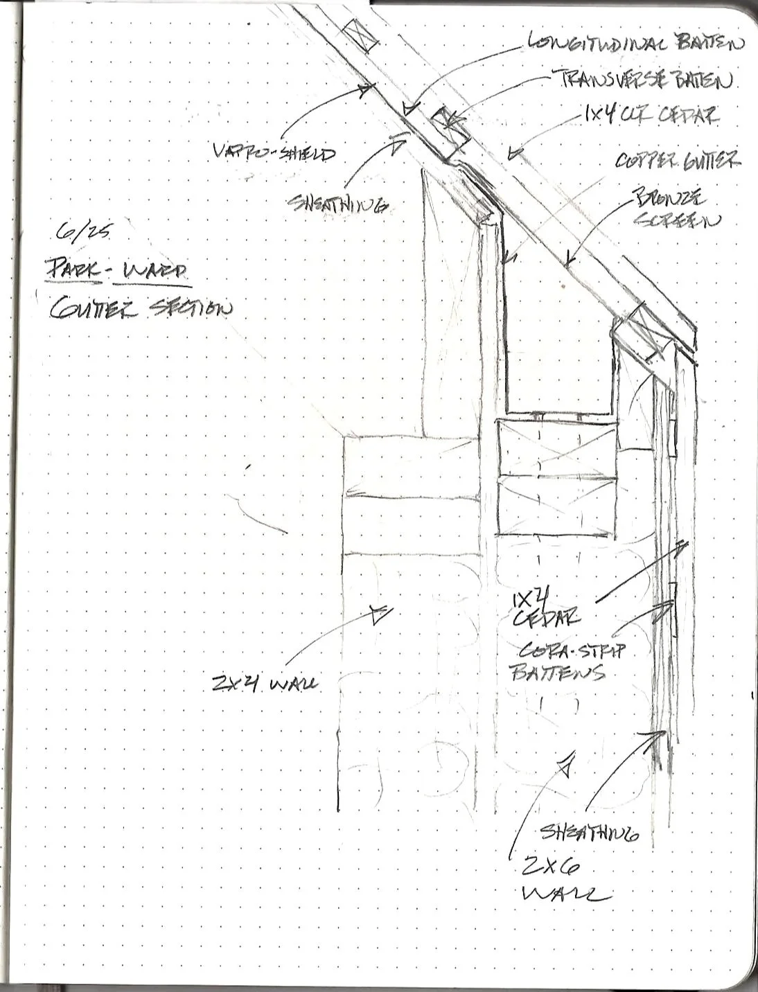 Sketch of a room with architectural details such as beams, sheathing, and wall sections labeled, including notes about materials like plywood, cedar, and battens.