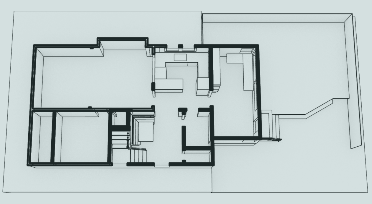 A black and white floor plan of a house showing multiple rooms including a living room, kitchen, bedrooms, and staircases.