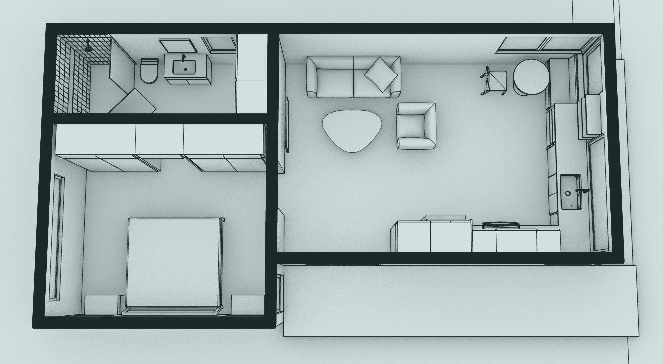 A 3D floor plan of a small apartment showing a bedroom, bathroom, and an open living room and kitchen area.