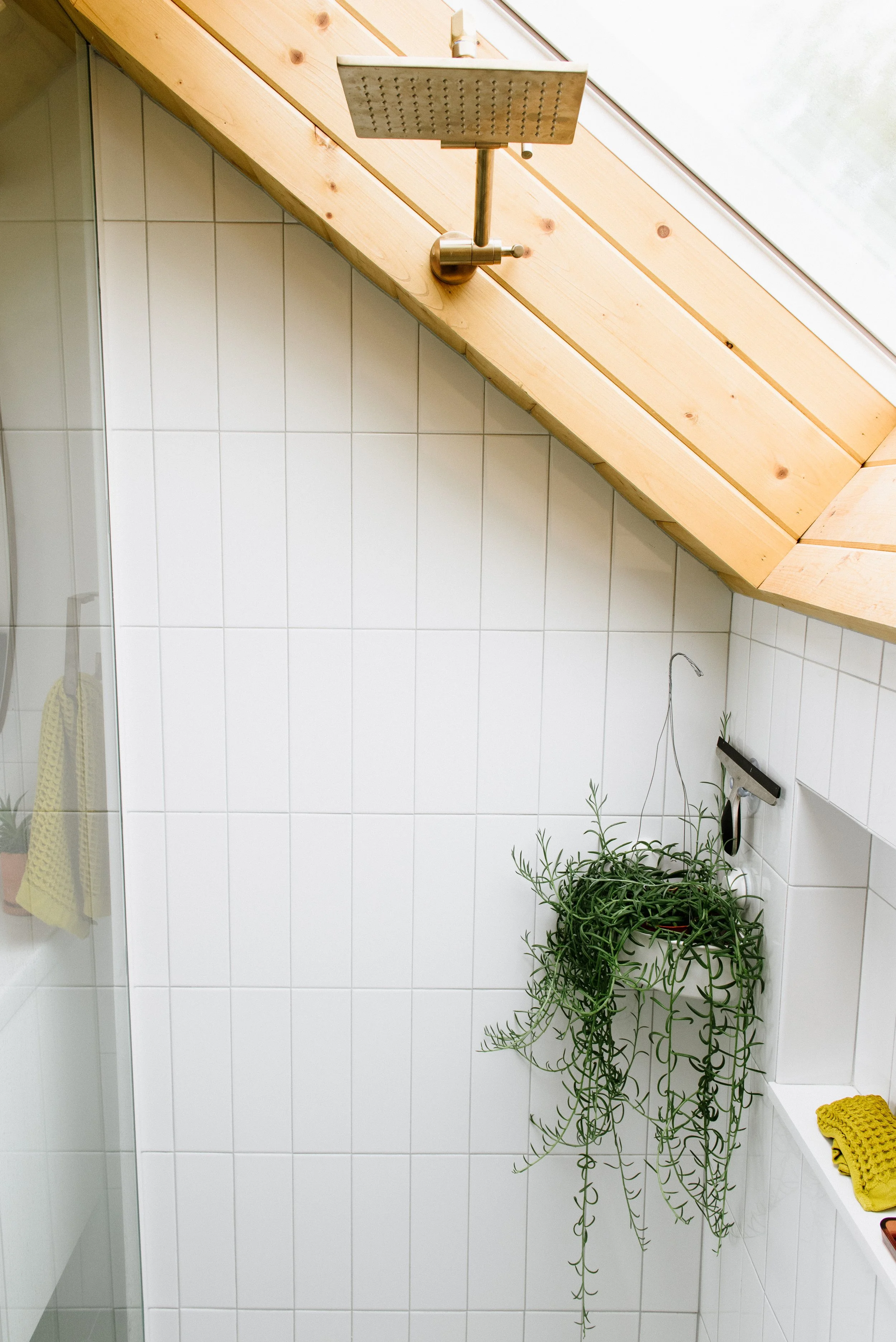 Shower with a large overhead rain showerhead, white tiled walls, and a hanging potted plant under a sloped wooden ceiling with a skylight.