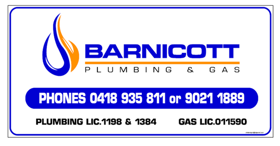 Business card for Barnicot Plumbing & Gas, featuring a flame logo, contact phone numbers 0418 935 811 and 9021 1889, and licensing information.