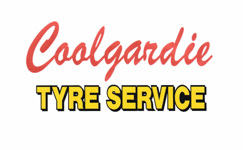 Logo for Coolgardie Tyre Service with red cursive text 'Coolgardie' and yellow and black text 'TYRE SERVICE'