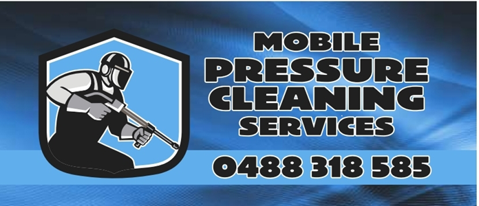Logo and contact information for Mobile Pressure Cleaning Services featuring a person in protective gear holding a high-pressure spray nozzle