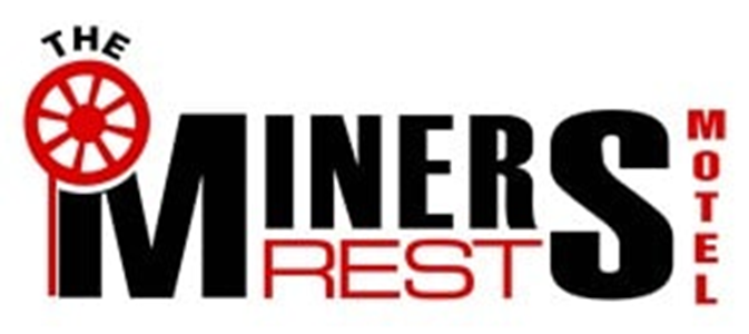 Logo for The Miners Rest Motel, featuring a red wheel symbol, with the words 'THE MINERS REST MOTEL' in black and red text.