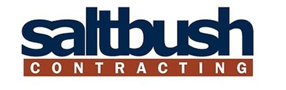 Saltbush Contracting company logo with the name in large blue letters and a white saltbush plant graphic above the text, followed by the word 'Contracting' in white letters on a red background.