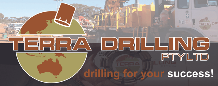 Terra Drilling PTY LTD logo with a globe and a drilling bit, showing trucks and drilling equipment in the background.