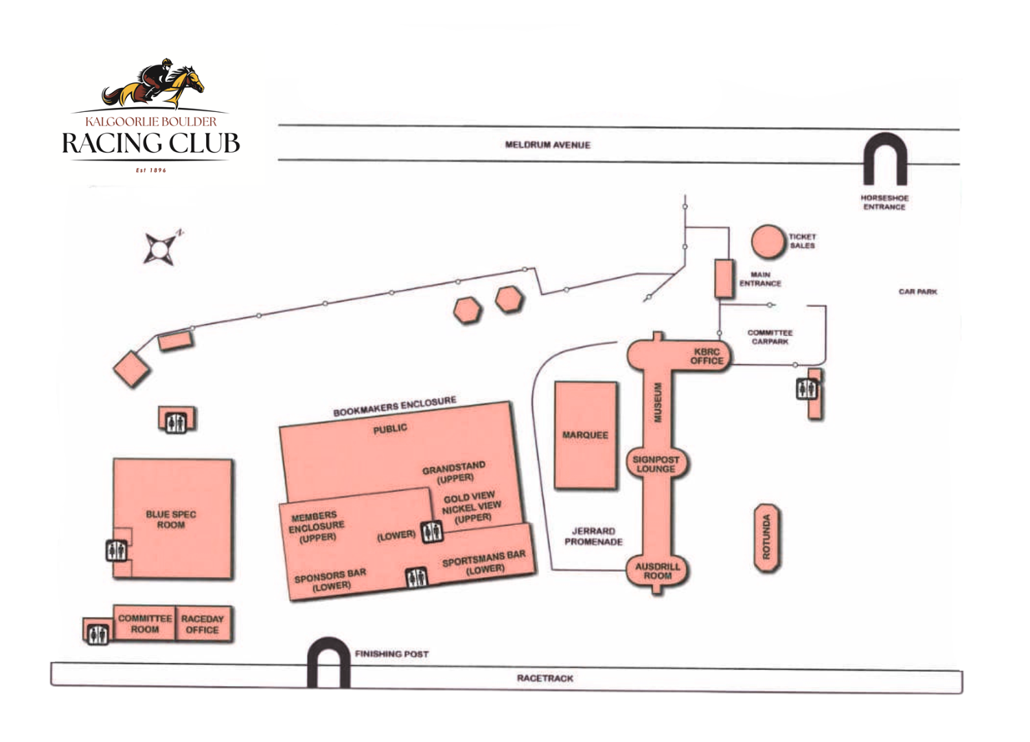 Map of Kalgoorlie Boulder Racing Club showing entrance, parking, main buildings, track, and amenities.