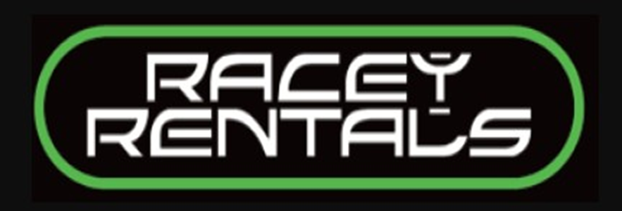 Logo for Racey Rentals with black background, green border, and white stylized text