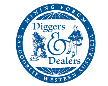Logo of the Mining Forum Diggers and Dealers, featuring two miners and a globe, with the words 'Mining Forum', 'Kalgoorlie, Western Australia', and 'Diggers & Dealers'.