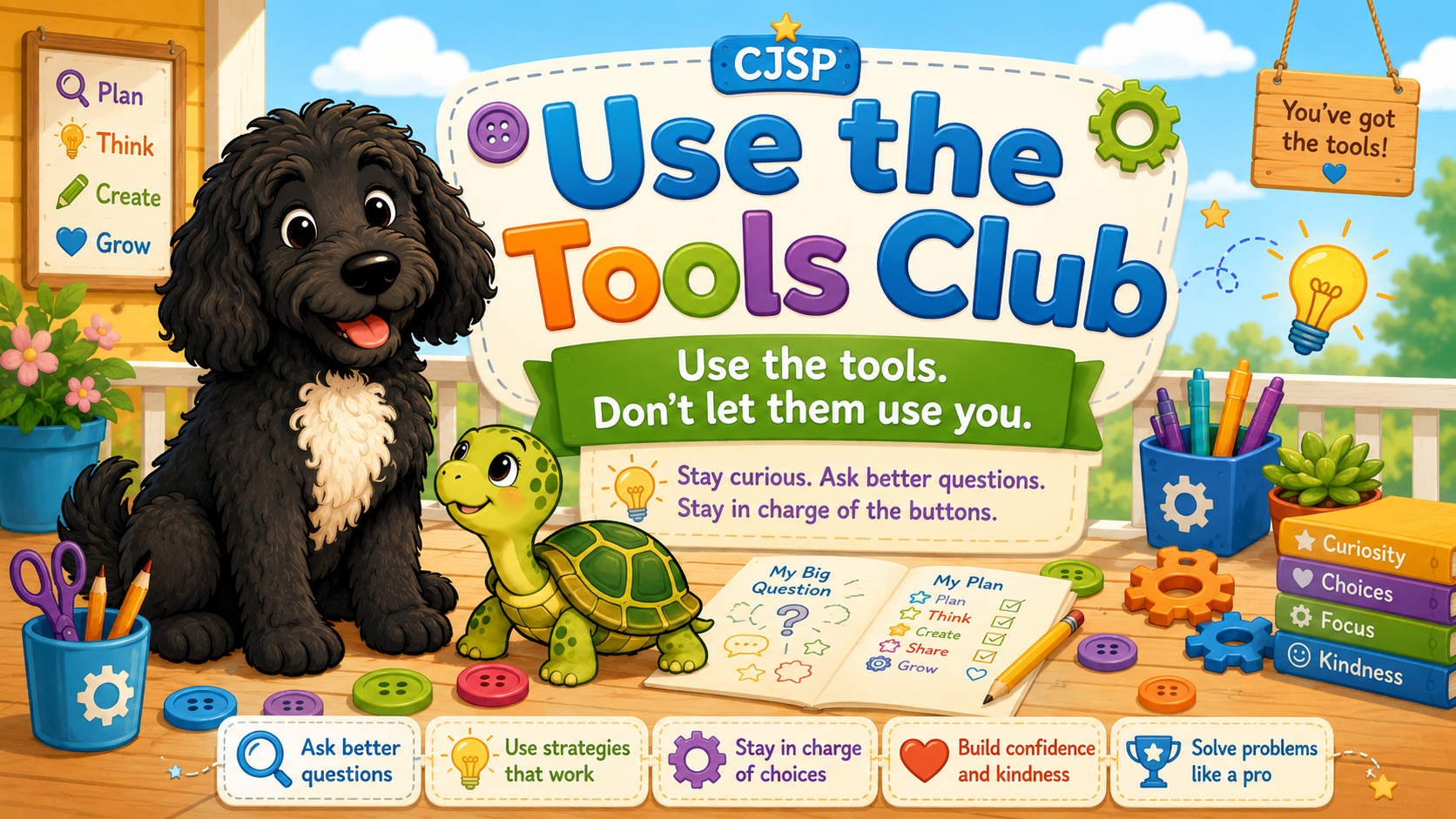 Colorful illustrated banner for 'Use the Tools Club' featuring a puppy, a turtle, and various craft and educational tools like scissors, crayons, and gear icons. The banner emphasizes using tools and staying curious.
