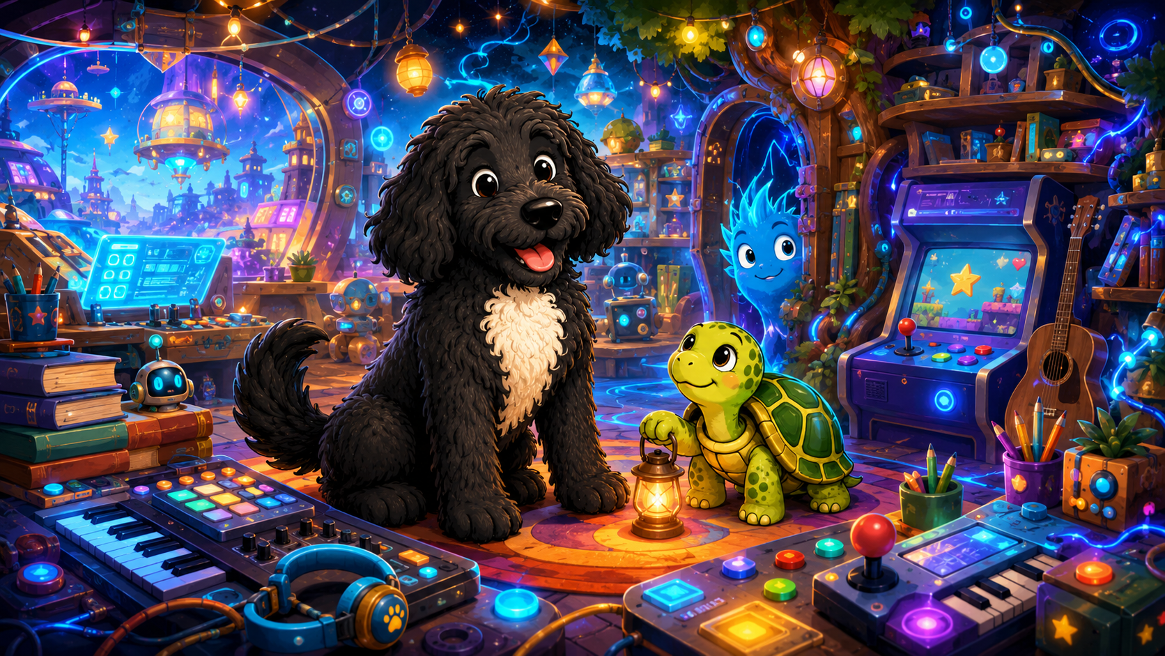A colorful animated scene of a music studio in a fantasy setting with a black fluffy dog, a small green turtle holding a lantern, and a blue glowing spirit with a smiling face. The studio is filled with musical instruments, books, and glowing neon lights, with a whimsical cityscape seen through large windows in the background.