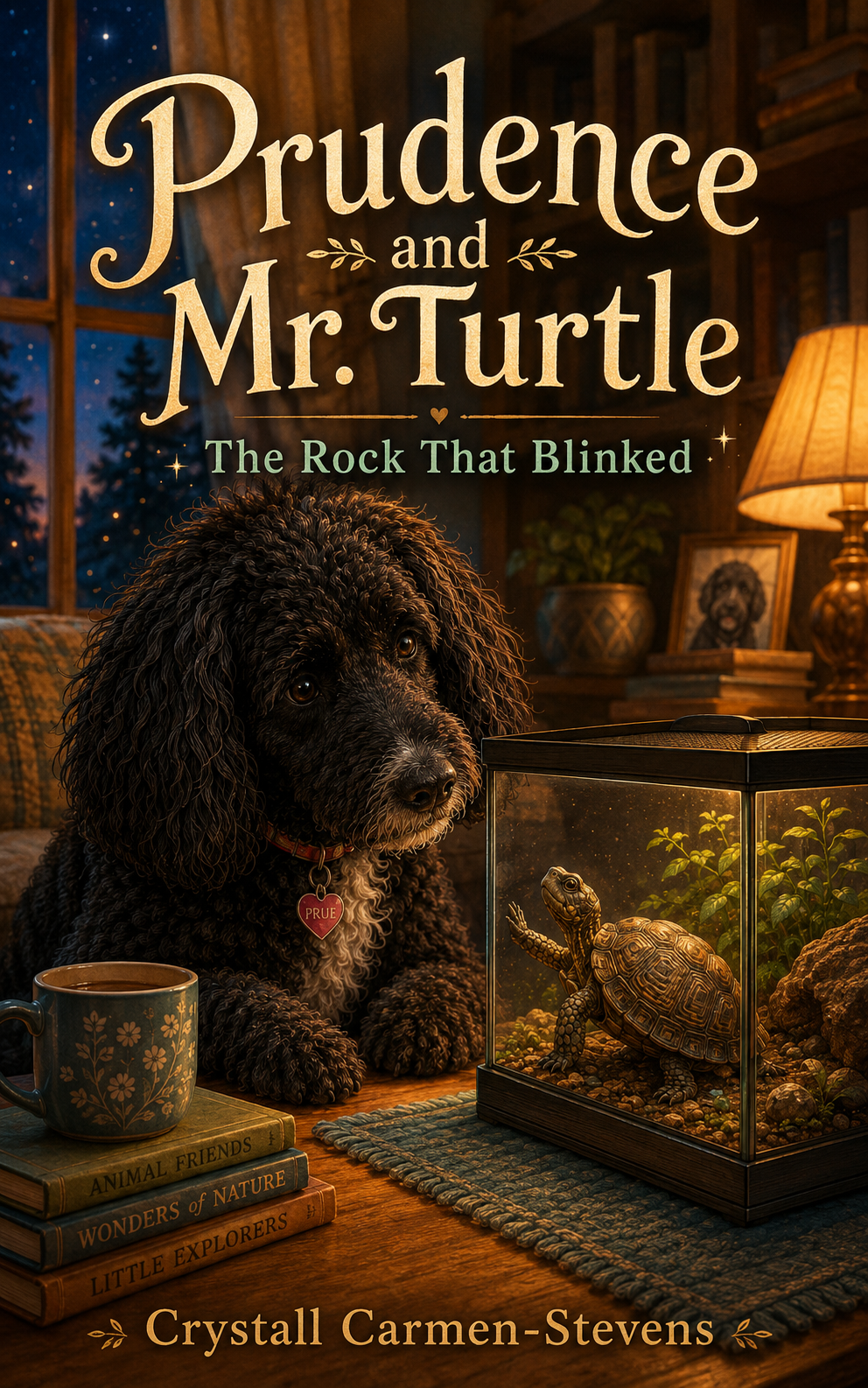 Book cover titled "Prudence and Mr. Turtle: The Rock That Blinked" by Crystall Carmen-Stevens, featuring a black dog with curly fur and a red collar, a turtle in a glass terrarium, and a cozy indoor setting with books, a cup, and a lamp.