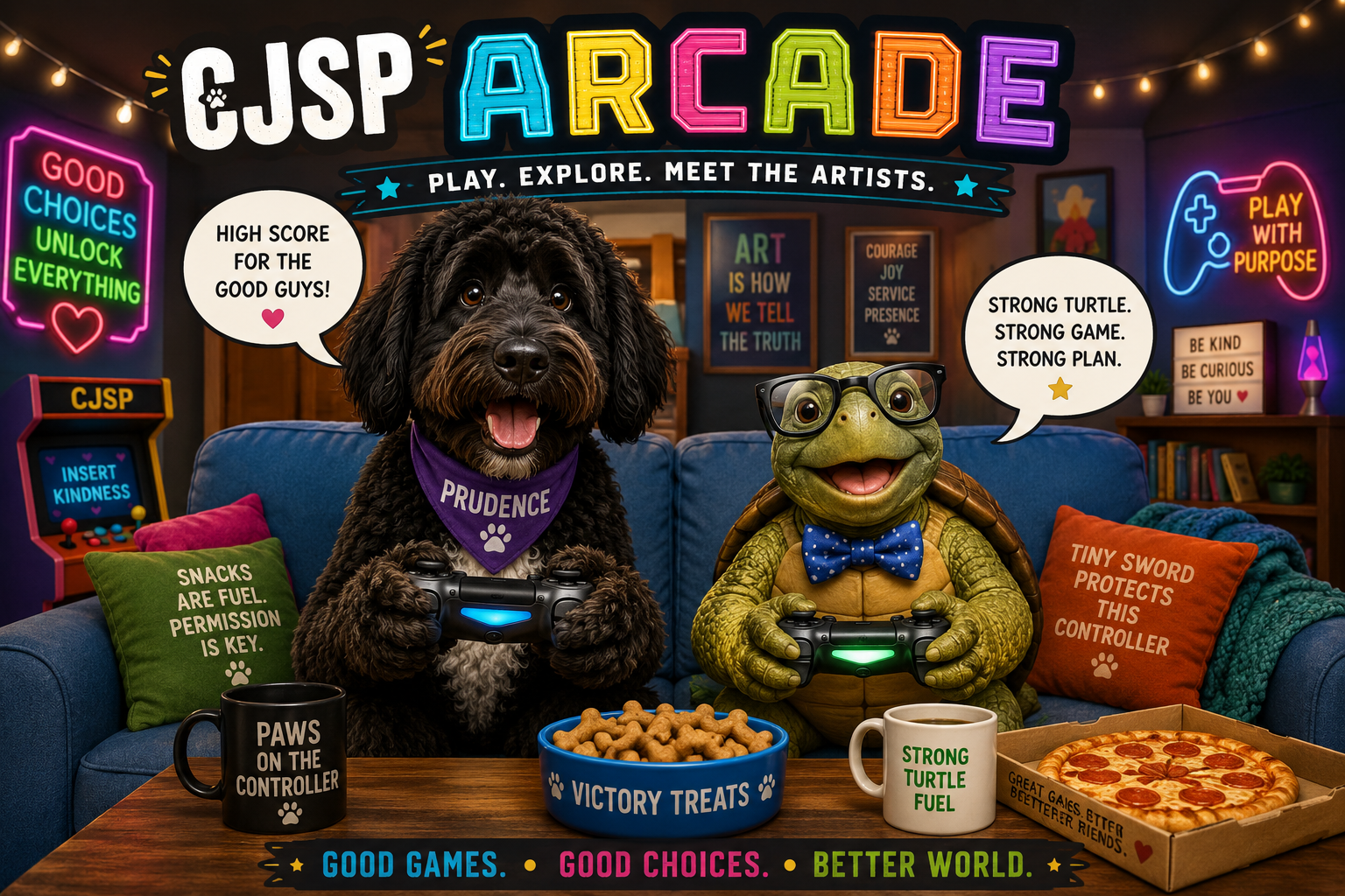 Prudence and Mr. Turtle playing games together in the CJSP Arcade