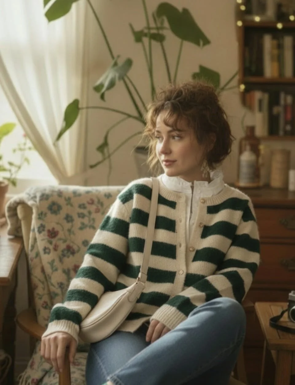 Green and Cream Striped Woollen Cardigan