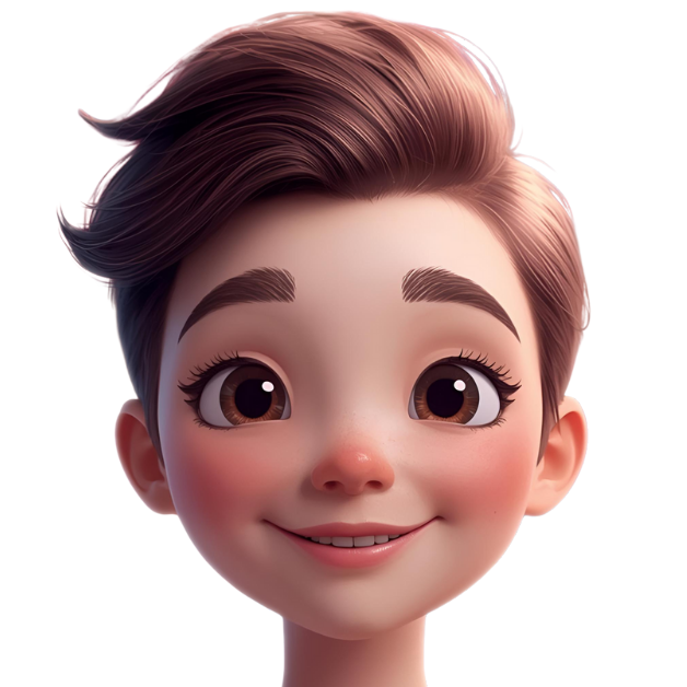 Cartoon illustration of a young person with large brown eyes, short brown hair styled to the side, and a friendly smile.