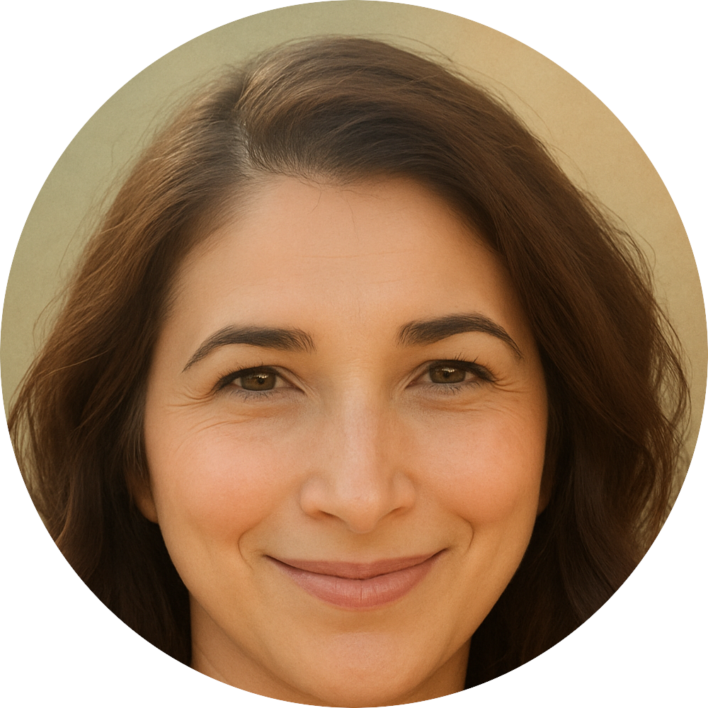 Close-up of a woman smiling with brown hair and light skin.