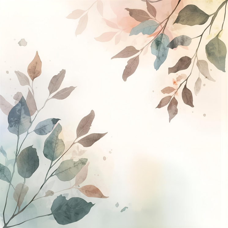 Watercolor illustration of leaves in soft pastel colors, arranged around the edges of the image.