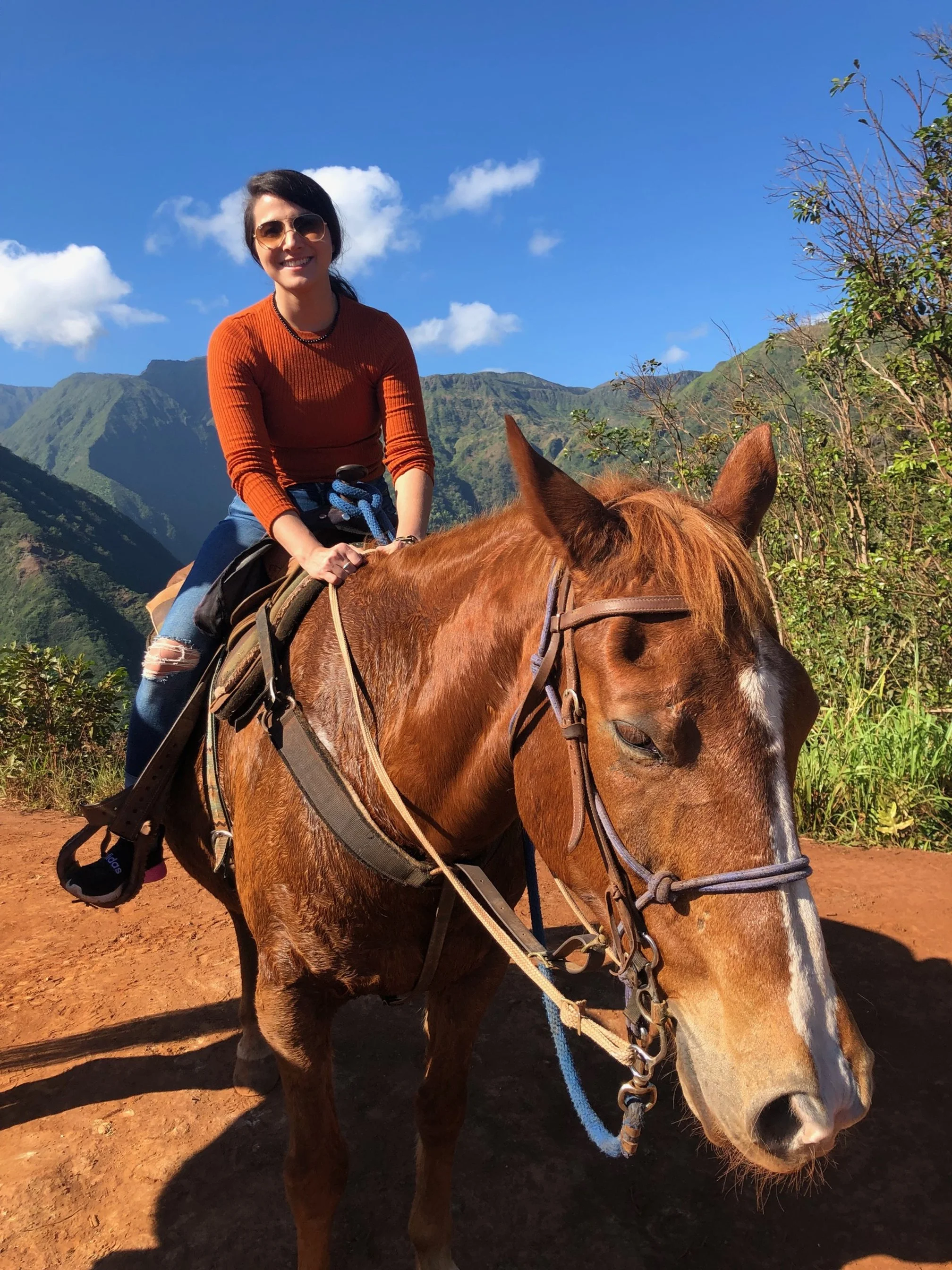 Woman riding a brown horse on a dirt trail in a mountainous area with green hills and a blue sky with scattered clouds.