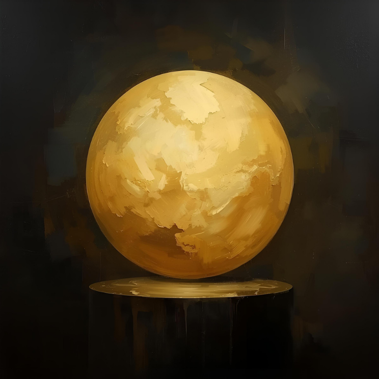 A painting of a golden globe with abstract brushstrokes on a dark background, displayed on a circular stand.