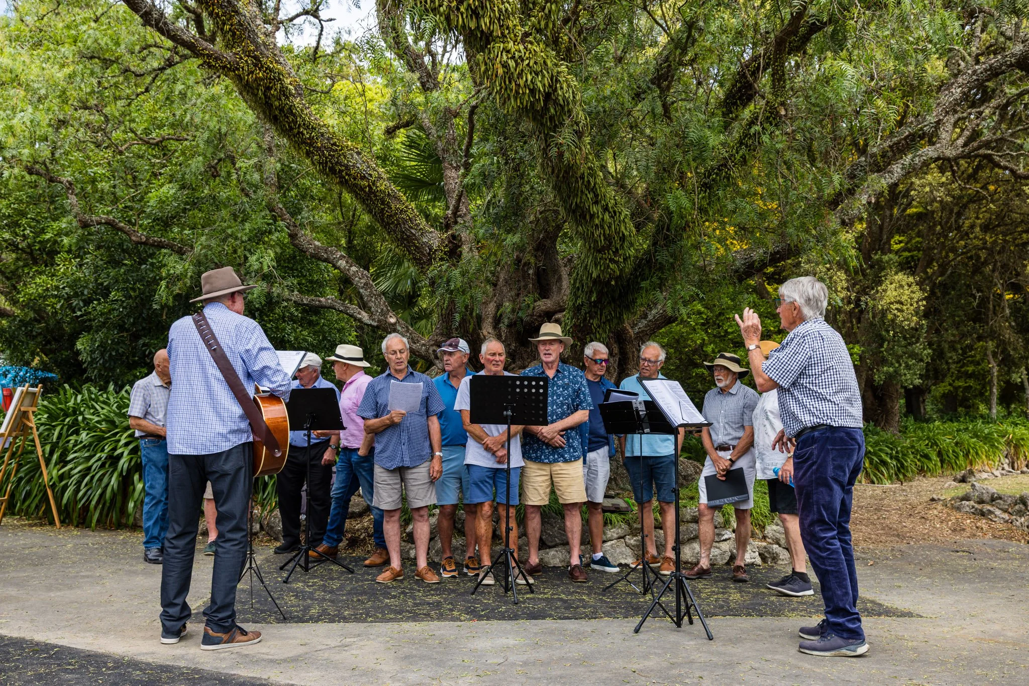 A group of older men and women singing outdoors with a guitarist leading, standing in front of a large, leafy tree.