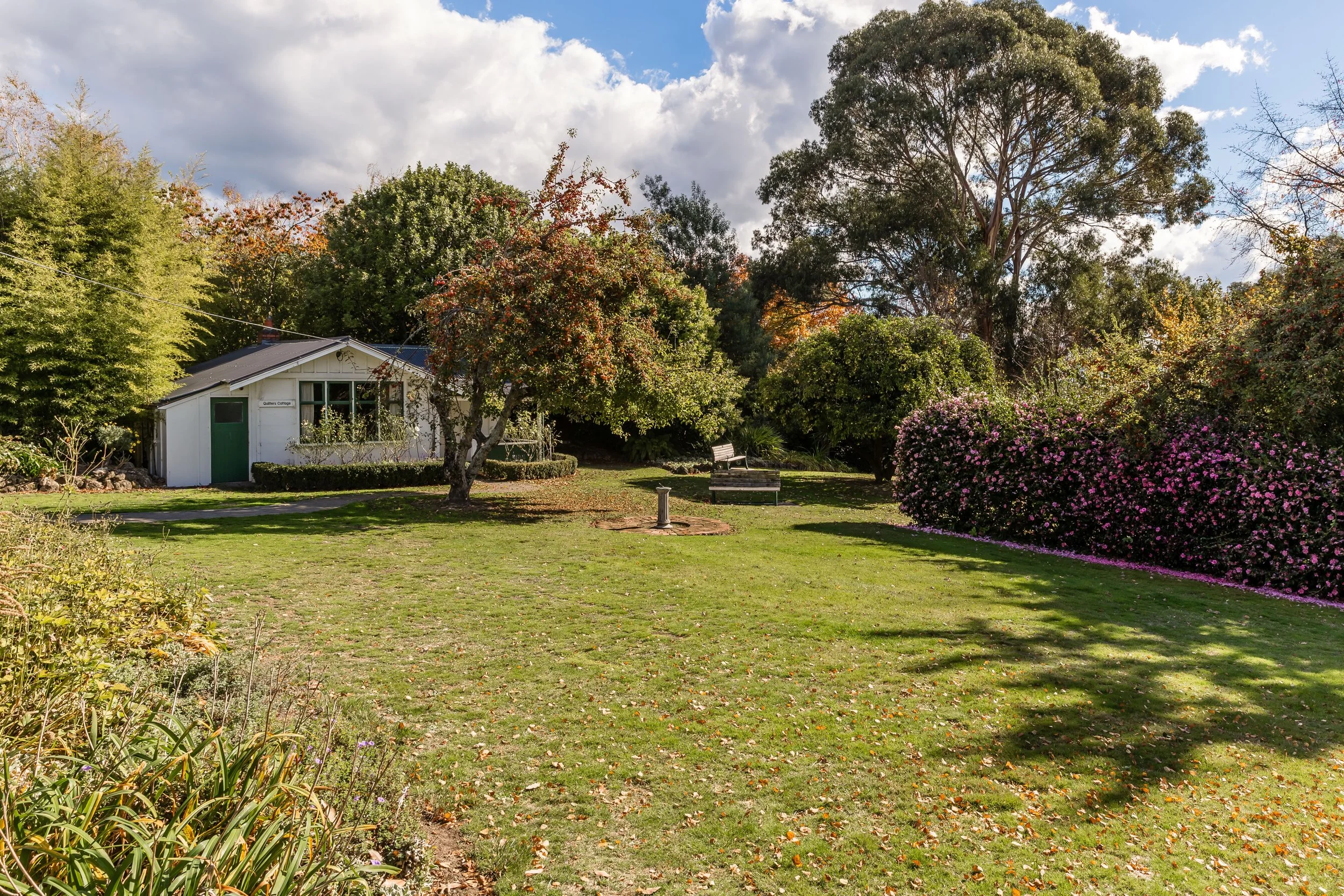 A lush garden with a white shed, green trees, pink flowering bushes, and a lawn with a bench and a bird bath, under a partly cloudy sky.