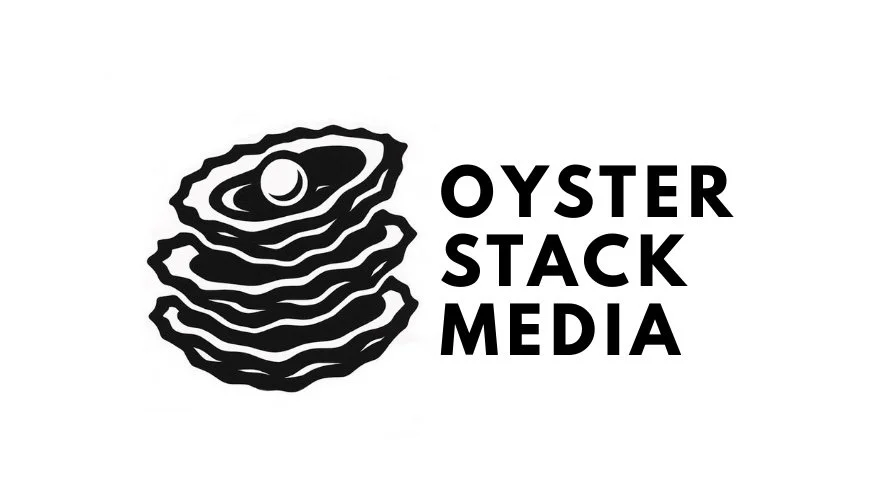 Logo of Oyster Stack Media with a stylized illustration of a stack of oyster shells and an oyster pearl, and the company name written in bold black letters.