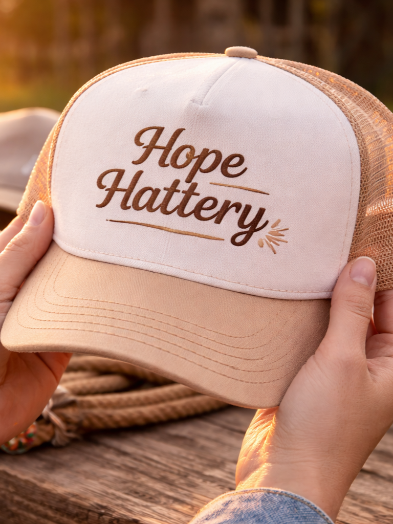 Hands holding a foam front trucker hat with ‘Hope Hattery’ logo in warm sunlight, styled with a rustic western background