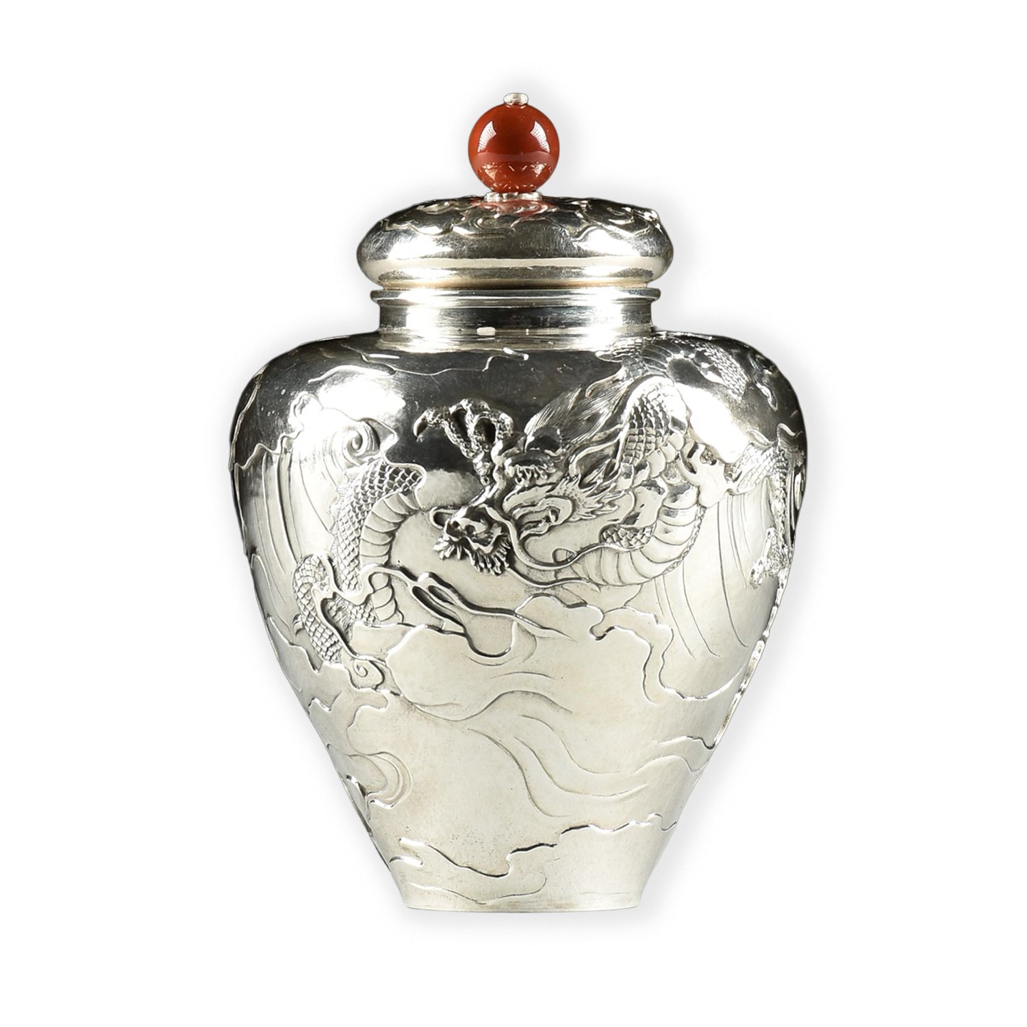 AN EXCEPTIONAL CHINESE EXPORT SILVER TEA CADDY - RED AGATE - QING DYNASTY