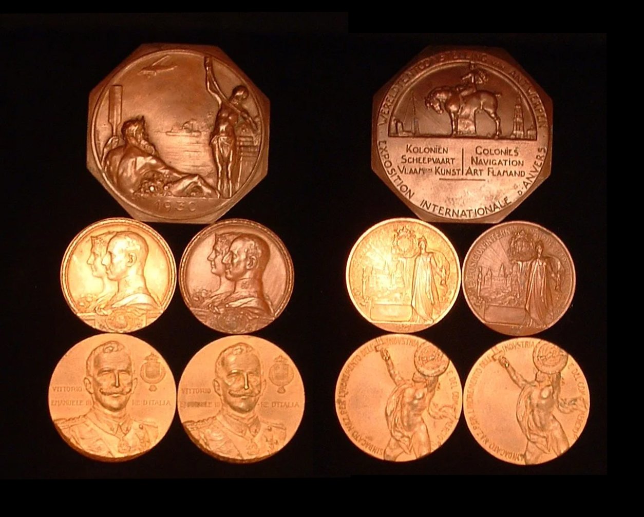 World Exposition & World's Fair Medals won by Gallery Founders: Gold Medal, Barcelona, 1929; Bronze Medal, Barcelona, 1929; Bronze Medal, Antwerp, 1930; King of Italy VEIII Medals for Promotion of Italian Commerce & Industry (Not Pictured: Silver Med