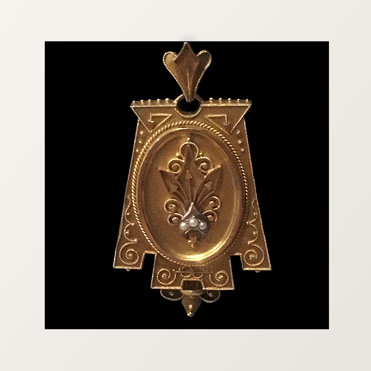 ROYAL FLEUR DE LYS SOLID GOLD NECKLACE WITH VICTORIAN MOURNING LOCKET