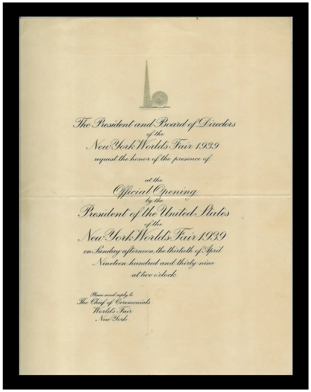 Invitation to 1939 New York World's Fair Opening Ceremonies with U.S. President Roosevelt (FDR) to our Gallery Co-Founder