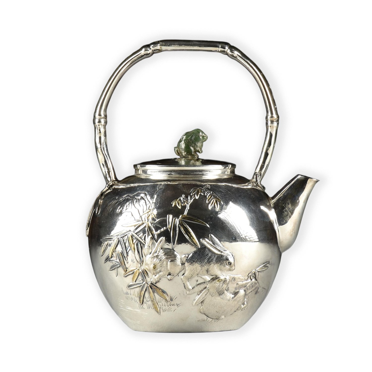 SANJU SAKU (YOKOHAMA) SOLID SILVER TEAPOT & JADE FINIAL "RABBITS"