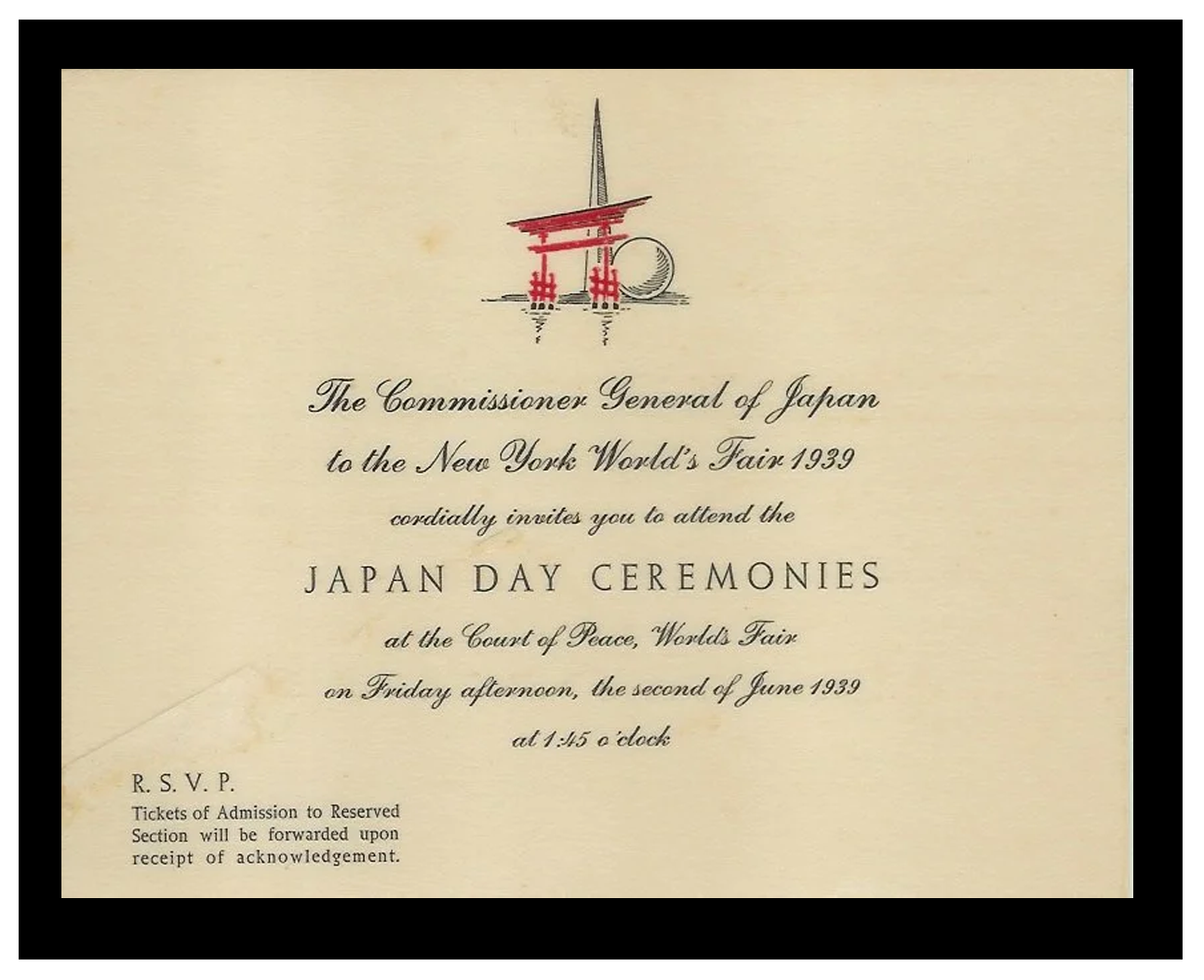Invitation for 1939 New York World's Fair JAPAN DAY Ceremonies to Gallery Founders
