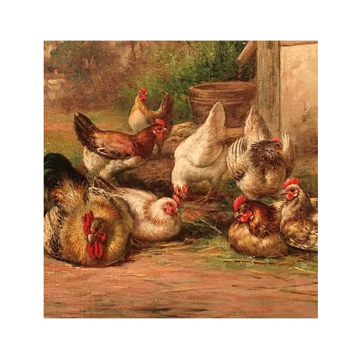 AUGUST LAUX OLD ENGLISH GAME HENS FARM SCENE