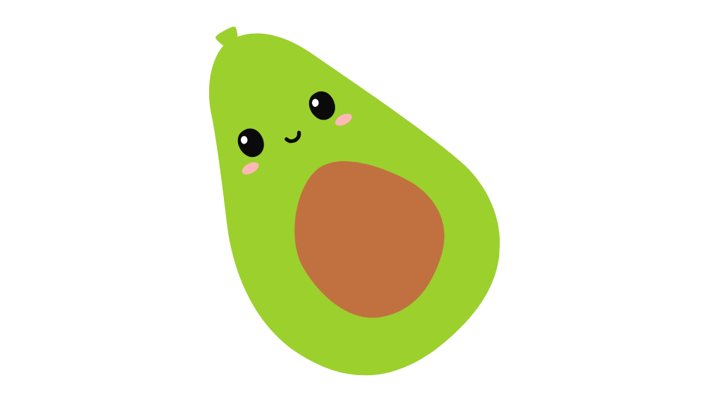 Cute cartoon avocado with a happy face, pink cheeks, and a brown seed.