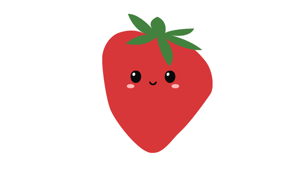 Cute cartoon strawberry with a smiling face, big eyes, and pink blush on cheeks.