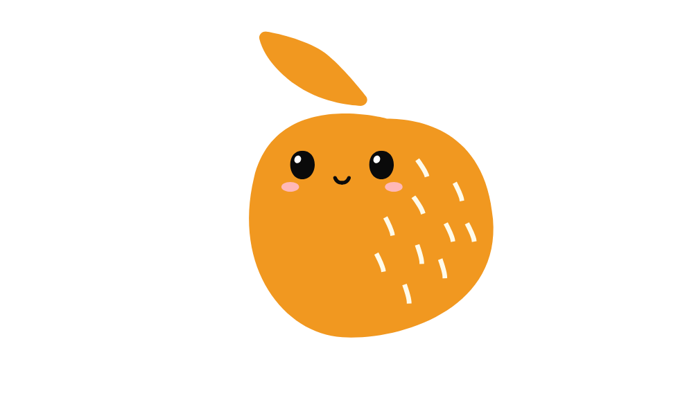 Cute cartoon orange with a smiling face, big eyes, pink cheeks, and a leaf on top.