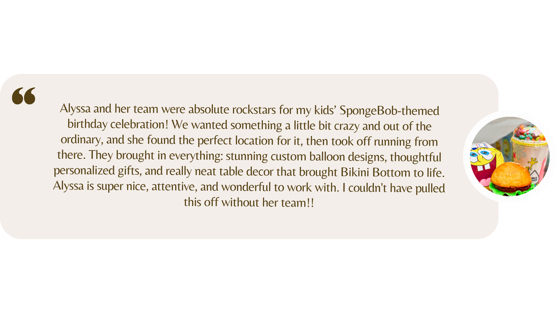 Client review for a custom SpongeBob themed kids birthday party planned by Ignited Events in Dallas Fort Worth, Texas
