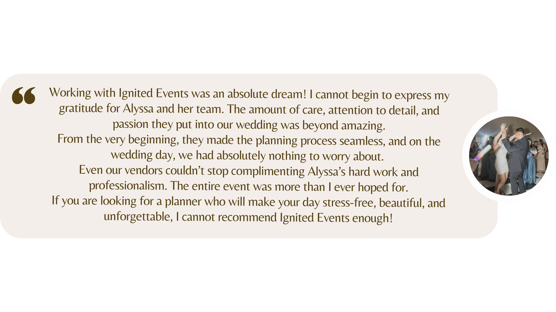 Five star full service wedding planning review for Alyssa Ceballos and Ignited Events in Dallas Fort Worth, Texas