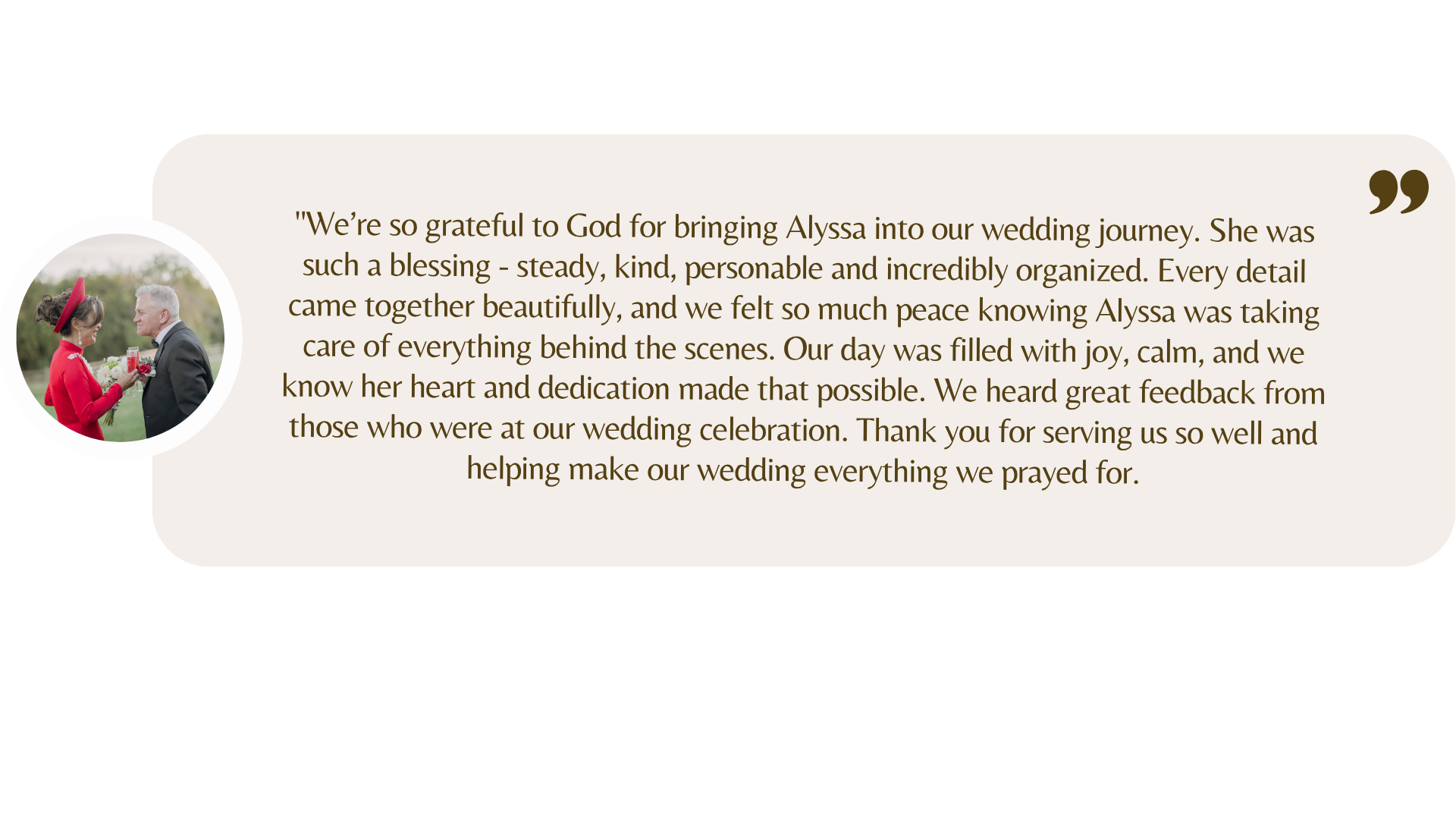 Five star wedding planning client testimonial for Alyssa Ceballos and Ignited Events in Dallas Fort Worth, Texas