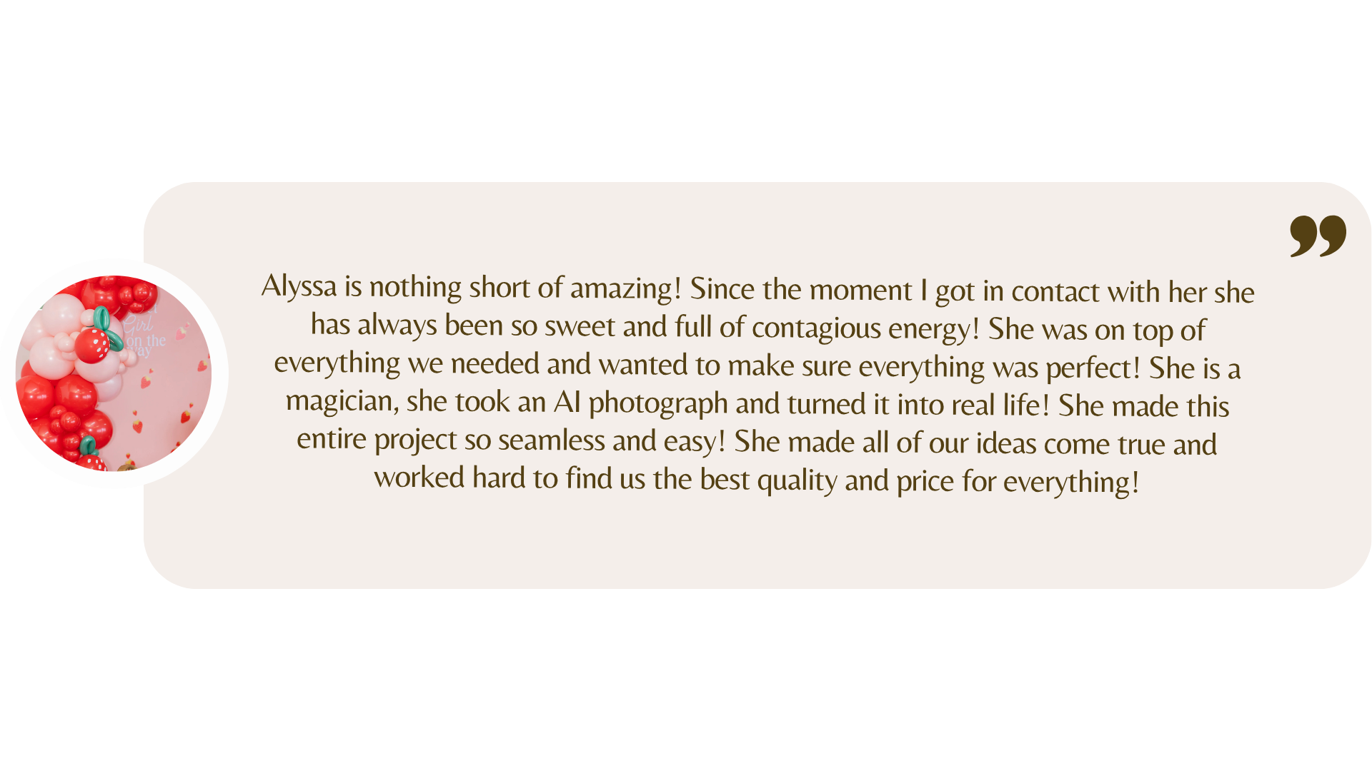 Client testimonial praising event styling and custom balloon party decor created by Ignited Events in Frisco, Texas