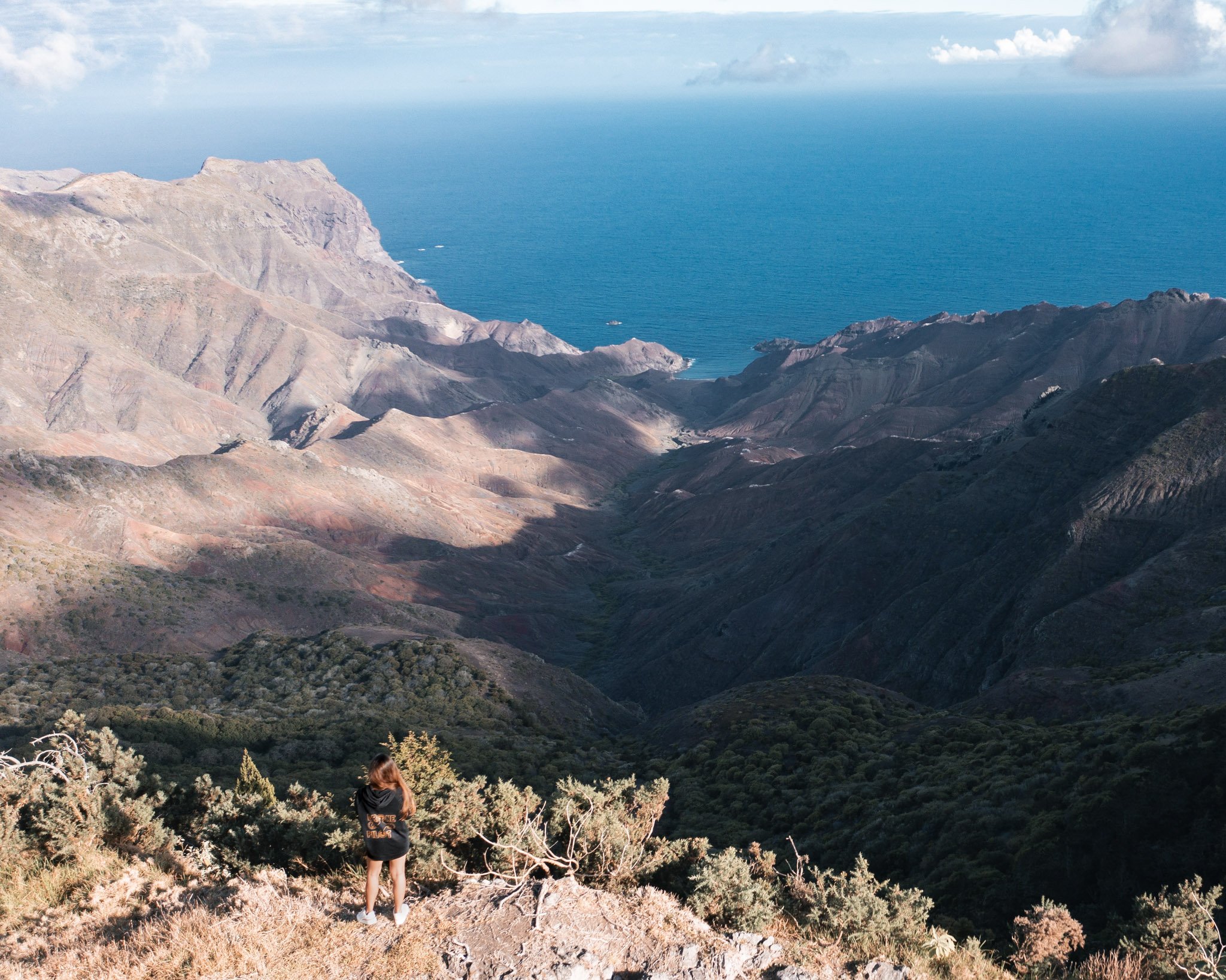 A woman standing on a hillside overlooking a deep valley with rugged mountains and the ocean in the background.