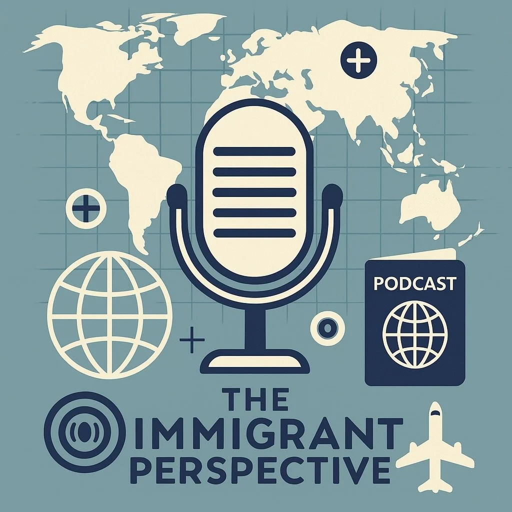 Graphic design with a world map background, a large vintage microphone, a podcast book, an airplane, a globe, and icons representing global connectivity and diversity. Text reads "The Immigrant Perspective."