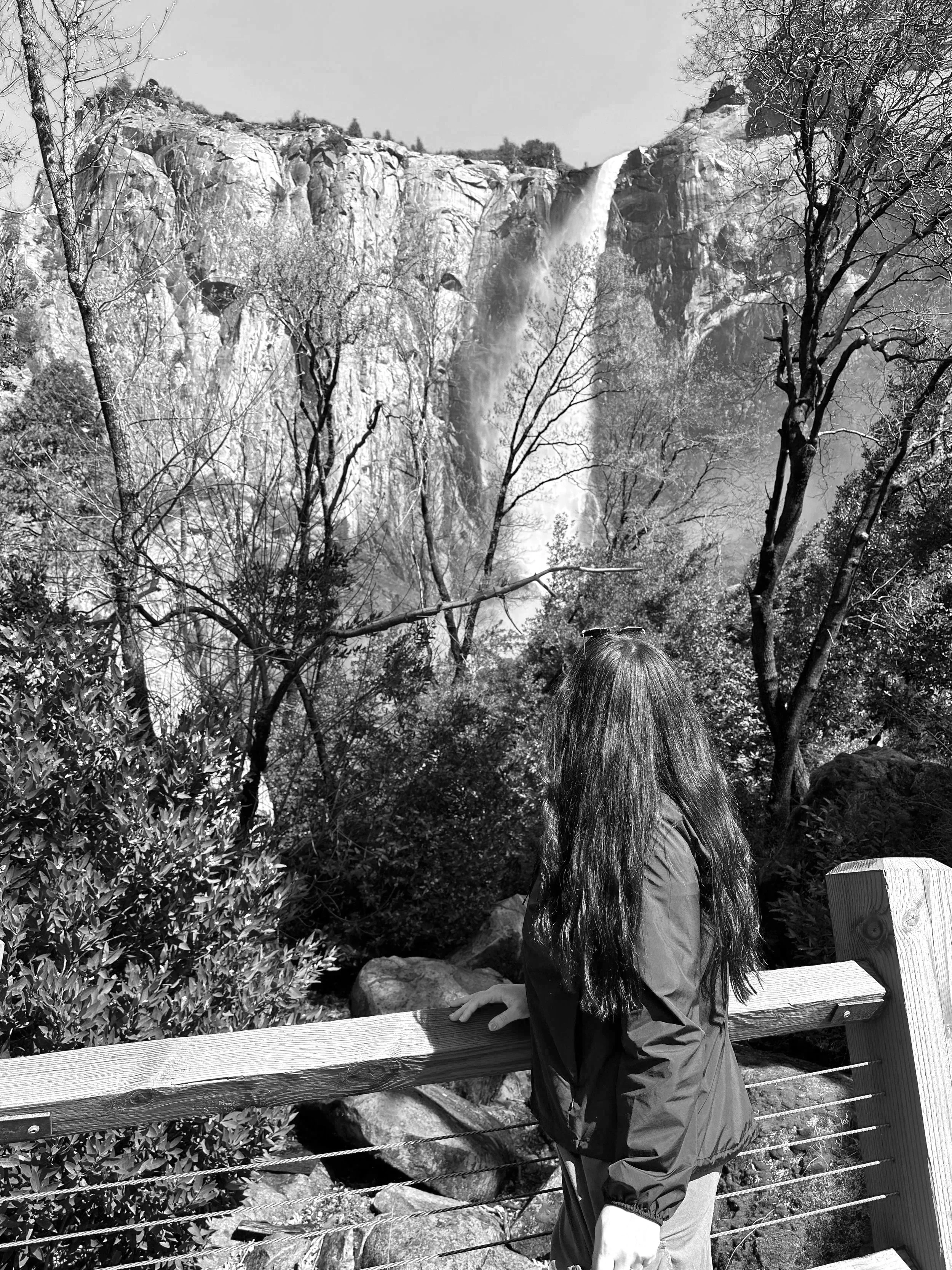 A person with long hair standing on a wooden viewing platform, looking at a waterfall and rocky cliff in the background, surrounded by leafless trees and bushes.