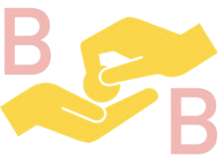 Two yellow hands holding pink blocks with the letter B on each.
