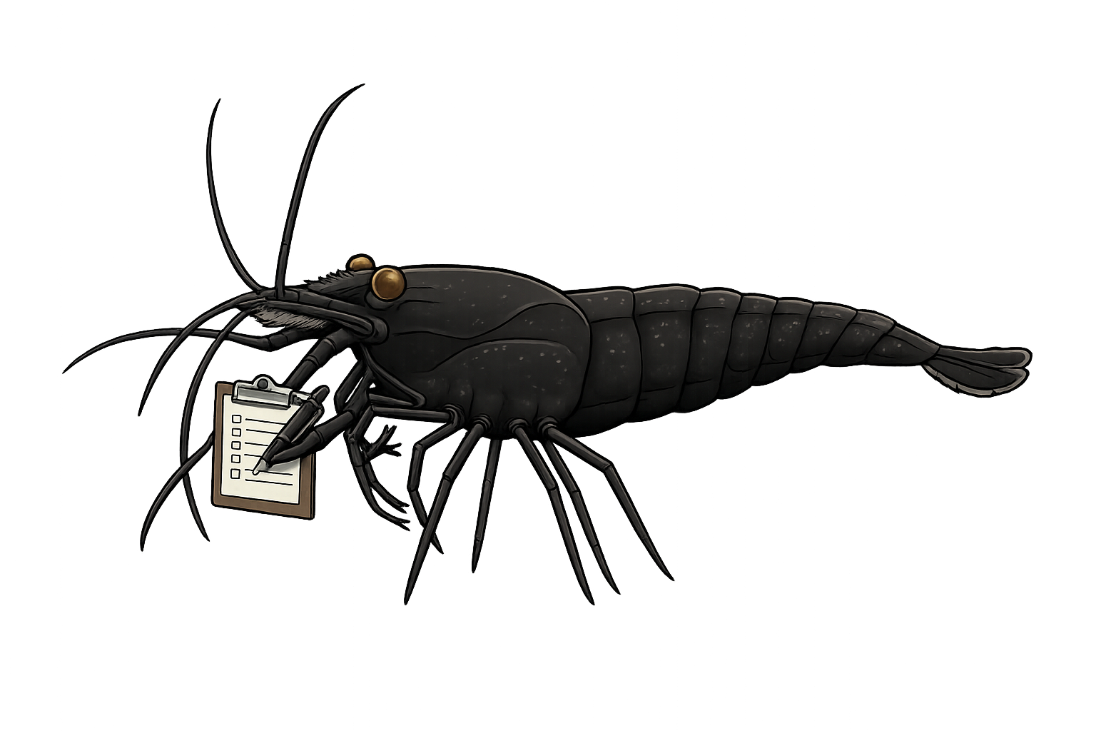 A digital illustration of a black shrimp with detailed features, holding a clipboard and pen, set against a colorful abstract background.