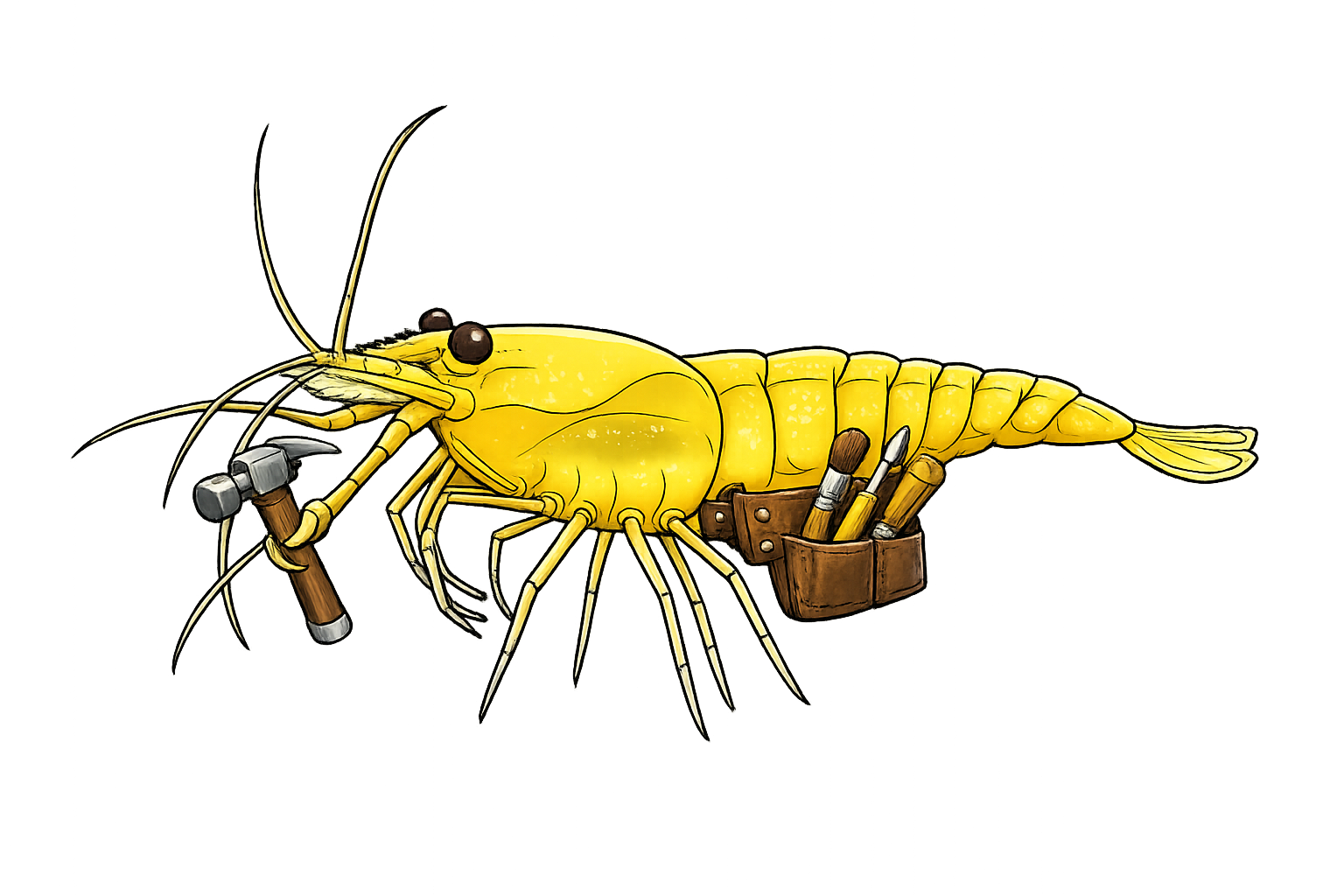 A cartoon illustration of a yellow shrimp holding a hammer with a brown toolbox containing paintbrushes attached to its back, set against a colorful abstract background.
