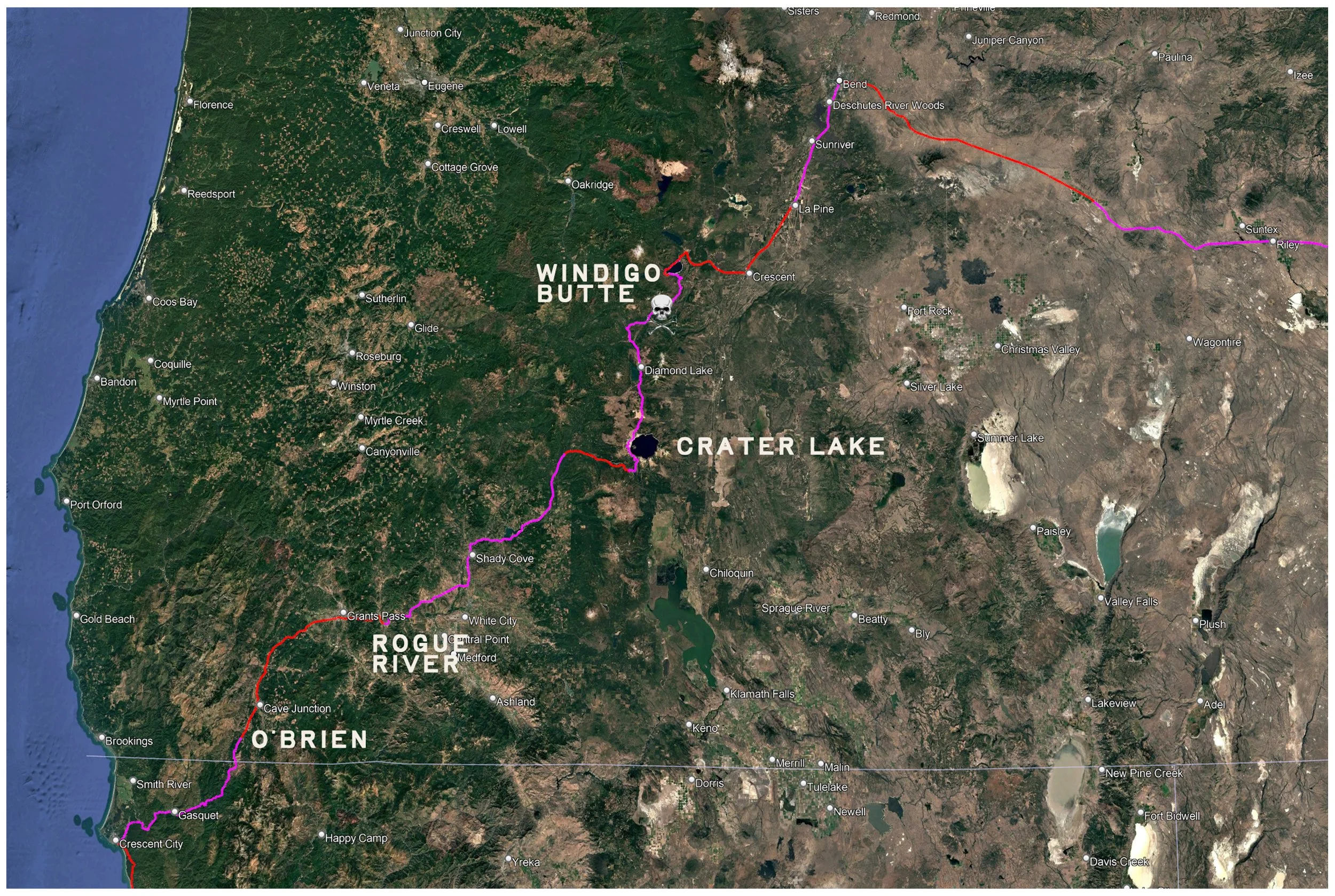  The route ahead:  After climbing over the Klamath Range northeast of Crescent City, we'd hit the sunny valleys of southern Oregon.  After a rest day in O'Brien, we camp on the Rogue River before tackling a long, two-day climb up to Crater Lake. From