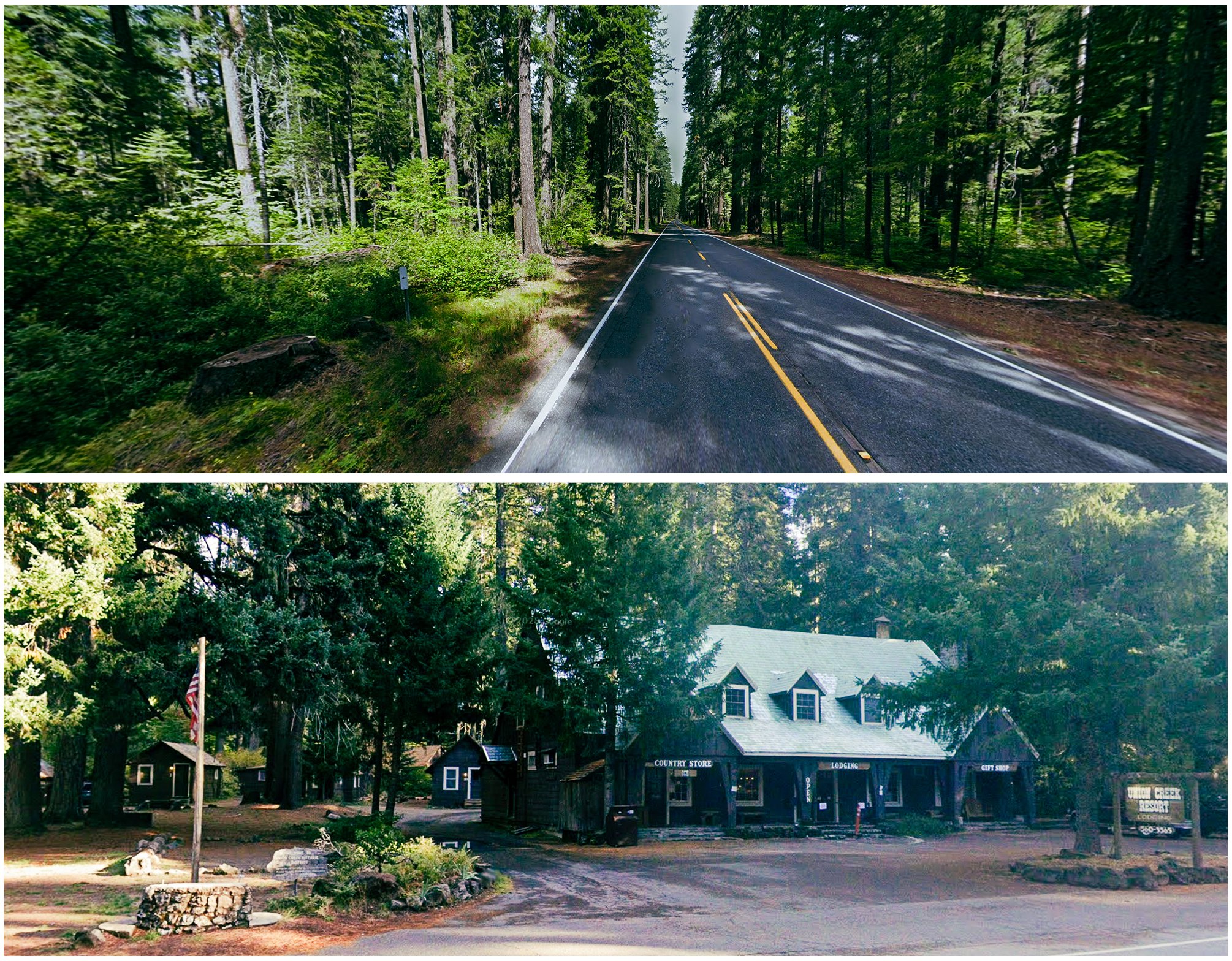 Recent Google Map images of Highway 62 and Union Creek Resort.